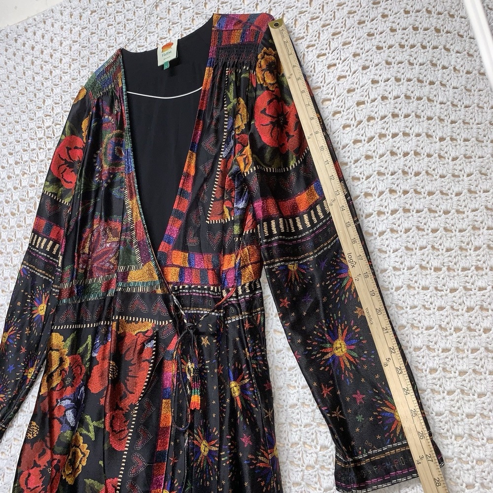 Farm‎ Rio Mini Wrap Dress Women L Black Floral Mixed Arabesque Scarves Long Slv - Picture 9 of 16